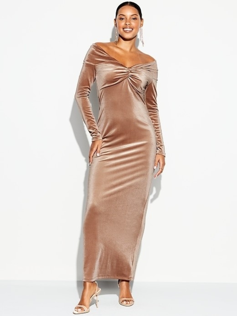 Old Navy Off-Shoulder Twist-Front Velvet Maxi Dress in Taupe